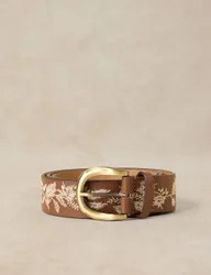 Grained Leather Floral Embroidery Belt Natural Mix female