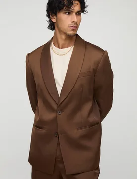 Men's Relaxed Fit Satin Shawl Collar Blazer Chocolate Size 38 Chocolate 38 - boohooMAN - FashionsVida