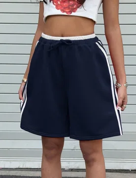 Pantalones cortos sueltos con bloques de color en la cintura, estilo deportivo americano de la calle, para el regreso a la escuela, color azul marino - Shein - FashionsVida