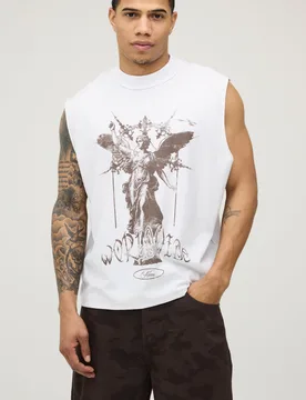 Mens White Oversized Boxy Exposed Seam Renaissance Print Tank Cotton - Size X-Small - boohooMAN - FashionsVida