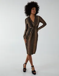 Womens Foil Stripes Twist Front Midi Dress - Rose Gold - Size 8 Uk
