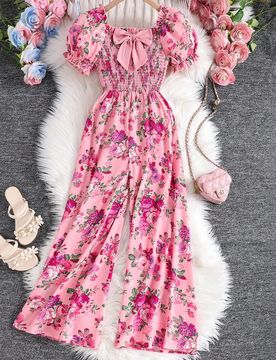 Mono con estampado total, cuello cuadrado y mangas abullonadas para niñas, estilo de vacaciones de verano