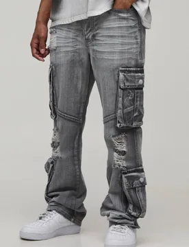 Herren Knitterwaschung Schmal Ausgestellt Cargo Jeans Hosen Ice Grey Größe 28R - boohooMAN - FashionsVida