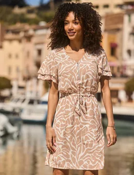 Printed Frill Sleeve Knee Length Shift Dress Natural Mix female - Sosandar - FashionsVida