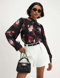 Floral High Neck Ruffle Blouse Black Mix female