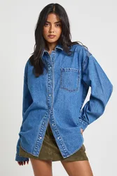 Womens Oversized Denim Shirt - Blue Cotton - Size 14 Uk