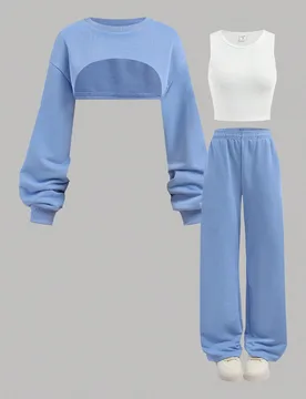 Conjunto casual de 3 piezas para niñas preadolescentes - Sudadera con capucha corta en color azul sólido y blanco contrastante, camiseta sin mangas - Shein - FashionsVida