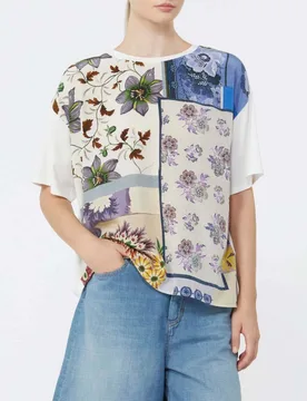 T-shirt girocollo Weekend bianca in seta con stampa multicolor floreale - Max Mara - FashionsVida