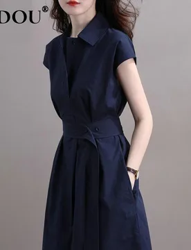 Summer New Elegant Fashion Polo-neck Shirring Waist A-line Dresses Ladies Short Sleeve Temperament Simple Dress Robe Vestidos - Aliexpress - FashionsVida