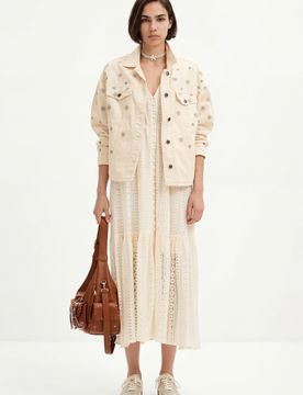 Robe longue broderies, Blanc, XS