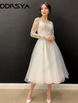 RODDRSYA O-Neck A-Line Wedding Dress For Woman Tulle Long Sleeve Appliques Elegant Bridal Gown Tea-Length Vestido De Nova 2024 - Aliexpress - FashionsVida