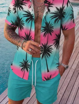Conjunto de camisa de manga corta con estampado tropical y pantalones cortos con cordón en la cintura, estilo de vacaciones de verano para hombres. R - Shein - FashionsVida