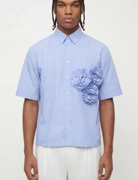 Men's Boxy Crop 3D Floral Stripe Shirt Blue Size X-Large Blue XL - boohooMAN - FashionsVida