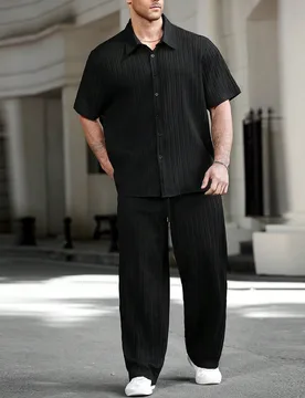 Conjunto de camisa y pantalón casual versátil de unicolor para hombres de talla grande - Shein - FashionsVida