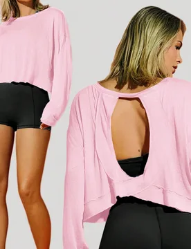 Camiseta deportiva de manga larga con corte en la espalda, de ajuste holgado y unicolor, para primavera y otoño - Shein - FashionsVida