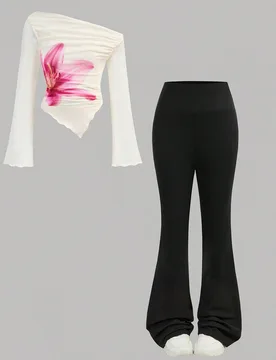 Conjunto de camiseta asimétrica con hombros descubiertos de malla floral elegante estilo K-Pop en blanco y negro & pantalones acampanados negros para - Shein - FashionsVida