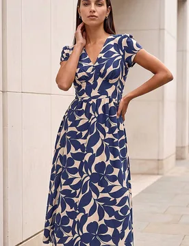Women's Leaf Print V-Neck Midi Dress in Navy Size: 12 - Navy - Size: 12 - Roman - FashionsVida