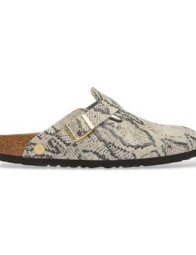 Para mujer. 1033086 Zuecos de Piel Boston (Ajuste Estrecho) (36), Plano, Ante, Ninguno, Casual, Animal print