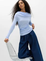 Cowl Neck Draped Long Sleeve Top Faded Blue female