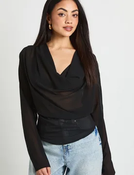 Womens Chiffon Cowl Neck Long Sleeve Blouse - Black - Size 8 Uk - Boohoo - FashionsVida