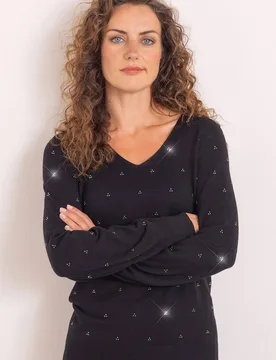 Women's Embellished V Neck Knitted Top in Black Size: XL - Black - Size: XL - Anna Rose - FashionsVida