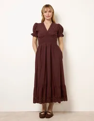 Embroidery Detail V-Neck Maxi Dress - M / CHOCOLATE - female