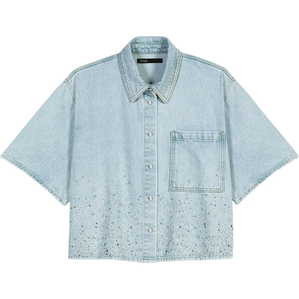 Camisa de mujer vaquera corta con pedrería - Maje - FashionsVida