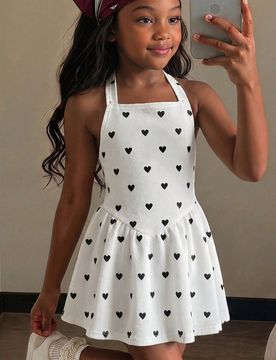 Vestido casual de moda para niña joven con cuello halter, estampado de lunares y corte en A