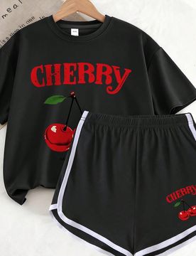 Set de 2 piezas de camiseta y pantalones cortos con estampado de cerezas de moda casual para niñas, ideal para vacaciones de verano