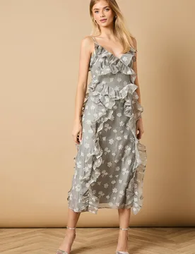 Ruffle Front V Neck Strappy Midi Dress - Grey - Size: 10 - OASIS - FashionsVida