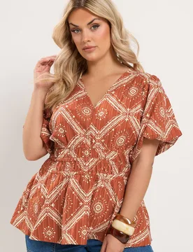 Abstract Puff Sleeve Blouse - Orange - Size: 22-24 - Yours - FashionsVida
