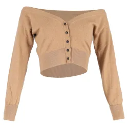 Women's Preloved Sheer Yoke Cropped Cardigan Sweater in Brown Wool in Light Brown Size: 2 - Light Brown - Size: 2
