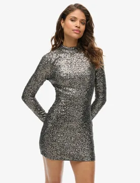 Superdry Damen Pailletten-minikleid mit Stehkragen Silber - Größe: 44 - 129.99 - FashionsVida