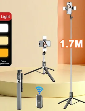 M/1.3m Palo selfie trípode inalámbrico Bluetooth con luz de relleno LED de 3 colores y soporte de teléfono de acero inoxidable giratorio 360°; lig - Shein - FashionsVida