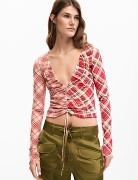 Camiseta fruncido escote, Mujer, Poliester, Rojo, XS