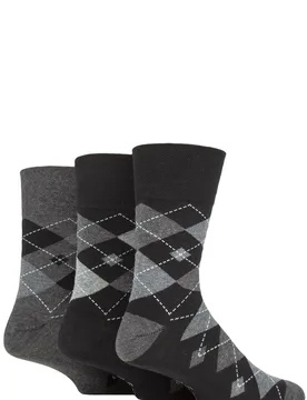 Mens 3 Pair Argyle Cotton Socks Argyle Black / Charcoal 6-11 - Black - Size: 7-11 Mens - Gentle Grip - FashionsVida