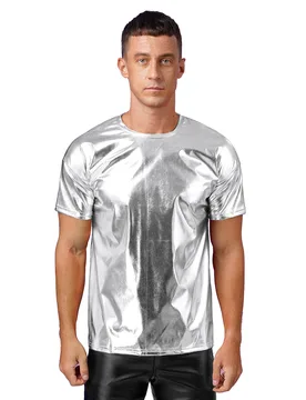 Mens Dance Shirts Tops Party Performance 80s Clothes Metallic Shiny Short Sleeve Round Neck T-shirt for Club Show Role Play - Aliexpress - FashionsVida