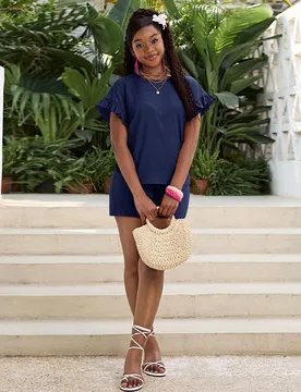 Conjunto de 2 piezas para niñas y adolescentes con top de manga corta texturizado azul marino y shorts de cintura elástica, conjunto de unicolor cas - Shein - FashionsVida