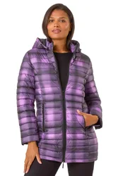 Womens Check Print Quilted Puffer Coat - Purple - Size 10 Uk
