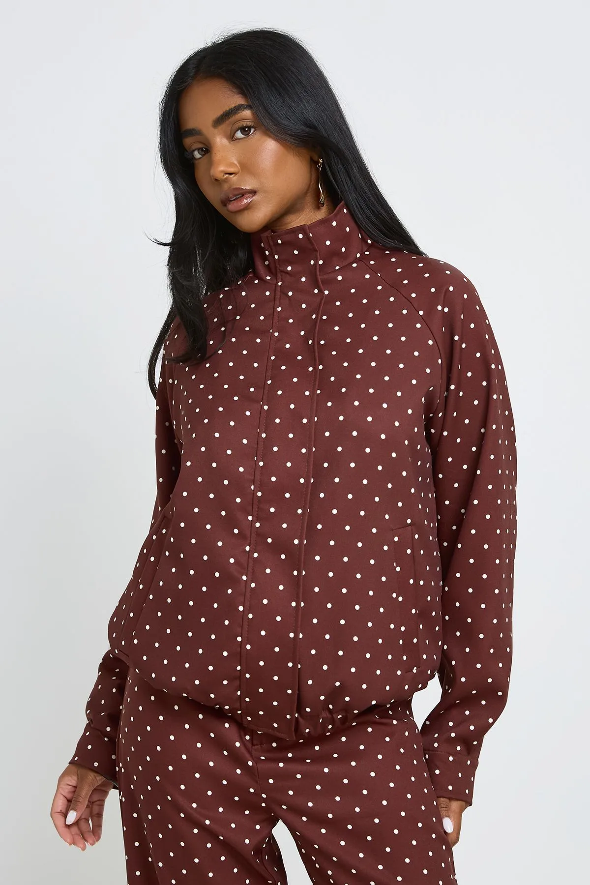 Womens Polka Dot Funnel Neck Jacket - Chocolate - Size Large - Boohoo - FashionsVida