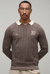 Herren Regular Geschnittenes Poloshirt Mit V-Ausschnitt Und Geripptem Strick Brown Größe Small