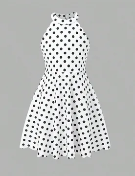 Vestido para niñas jóvenes blanco con lunares negros, cuello halter, diseño de cuello semi-alto, hombros descubiertos con borde ondulado, estampado - Shein - FashionsVida