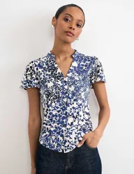 Jersey Floral Notch Neck Blouse Navy Mix female