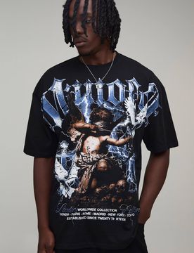 Herren Übergroßes T-Shirt Mit Übernähten Und Gothic-Druck Für Große Größen Black Größe XL