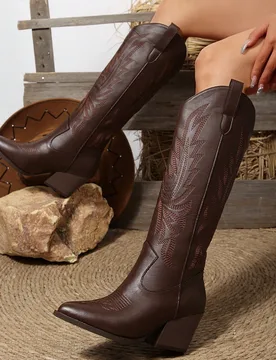 Botas vaqueras occidentales bordadas de estilo vintage para mujer, nuevas botas de montar de verano 2025 con tacón grueso, botas altas marrones que e - Shein - FashionsVida