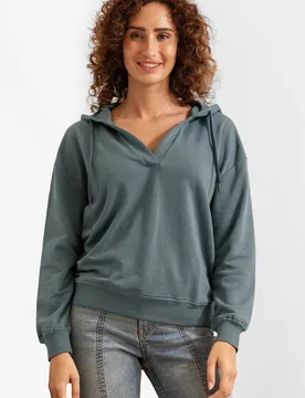 Women's V-Neck Drop Shoulder Hoodie in Green Size: 14 - Green - Size: 14 - Enorsia - FashionsVida