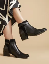 Leather Buckle Block Heel Ankle Boots Black female