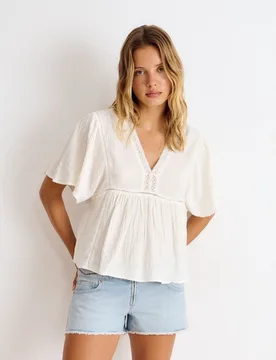 Blusa de mujer de mangas anchas con encajes - Brownie - FashionsVida