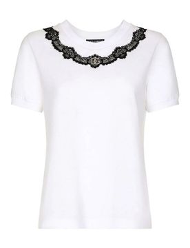 T-shirt in cotone con scollo a V e pizzo