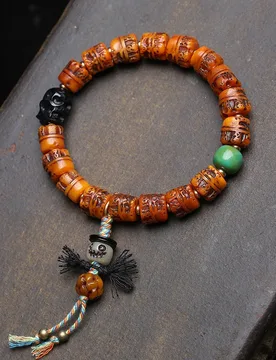 Tibetan-style carved bone bracelet obsidian agate beads, single-loop, with symbol of "turning the tides," and acces - Aliexpress - FashionsVida